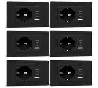 BSEED Presa Schuko e Presa Italiana con USB-A e Type-C, Prese Elettriche da Muro 10A/16A, Prese USB da Muro con Pannello di Vetro, Spina Bipassa 118mm Nero, 6 Pezzi