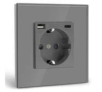 BSEED Presa Schuko USB grigia con connettore USB (max. 2,1 A) di tipo C, presa da incasso, in vetro con contatto di protezione, caricatore per telefoni cellulari, laptop, ecc