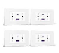 BSEED Prese Elettriche da Muro, Presa Bipasso con 20W Carica Rapida, Presa Bivalente 10A/16A con USB A e USB C 118mm, Presa USB da Muro per Ufficio e Casa, Bianco-4 Pezzi