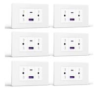 BSEED Prese Elettriche da Muro, Presa Bipasso con 20W Carica Rapida, Presa Bivalente 10A/16A con USB A e USB C 118mm, Presa USB da Muro per Ufficio e Casa, Bianco-6 Pezzi