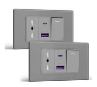 BSEED Prese Elettriche da Muro, Presa Bipasso e Interruttore 1 Gang 1 Via con 20W Carica Rapida, Presa Bivalente 10A/16A con USB A e USB C 118mm, Presa USB da Muro per Ufficio e Casa, Grigio-2 Pezzi