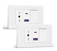 BSEED Prese Elettriche da Muro, Presa Bipasso e Interruttore 1 Gang 1 Via con 20W Carica Rapida, Presa Bivalente 10A/16A con USB A e USB C 118mm, Presa USB da Muro per Ufficio e Casa, Bianco-2 Pezzi