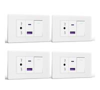 BSEED Prese Elettriche da Muro, Presa Bipasso e Interruttore 1 Gang 2 Vie con 20W Carica Rapida, Presa Bivalente 10A/16A con USB A e USB C 118mm, Presa USB da Muro per Ufficio e Casa, Bianco-4 Pezzi