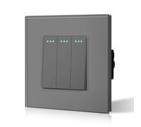 BSEED Rocker Tactile - Interruttore a parete per luci, 10 A, cornice in vetro grigio, piastra di cristallo, 3 Gang, interruttore a vite a 2 vie, senza vite