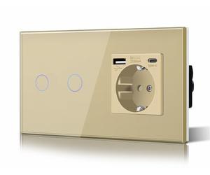 BSEED Schuko Interruttore per illuminazione, presa, da incasso, 2 scomparti, 1 via, presa 3-in-1, potenza di carica USB 2,1 A, adattatore tipo C, stazione di ricarica, prolunga in vetro, 157 mm