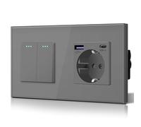 BSEED Schuko,Prese Interruttore e presa con 20W USB e Tipo C,Presa tedesca di carica rapida,Pannello in vetro,3 IN 1,Facile installazione, 2 Gang 1 Way-PD Schuko,Grigio