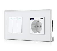 BSEED Schuko,Prese Interruttore e presa con 20W USB e Tipo C,Presa tedesca di carica rapida,Pannello in vetro,3 IN 1,Facile installazione, 3 Gang 1 Way-PD Schuko,Bianco