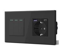 BSEED Schuko,Prese Interruttore e presa con 20W USB e Tipo C,Presa tedesca di carica rapida,Pannello in vetro,3 IN 1,Facile installazione, 3 Gang 1 Way-PD Schuko,Nero