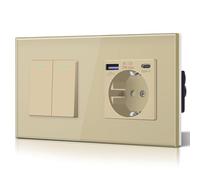 BSEED Schuko,Prese Interruttore e presa con 20W USB e Tipo C,Presa tedesca di carica rapida,Pannello in vetro,3 IN 1,Facile installazione, 2 Gang 1 Way-PD Schuko,Gold