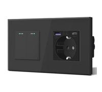 BSEED Schuko,Prese Interruttore e presa con 20W USB e Tipo C,Presa tedesca di carica rapida,Pannello in vetro,3 IN 1,Facile installazione, 2 Gang 2 Way-PD Schuko,Nero