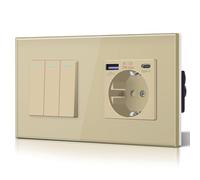 BSEED Schuko,Prese Interruttore e presa con 20W USB e Tipo C,Presa tedesca di carica rapida,Pannello in vetro,3 IN 1,Facile installazione, 3 Gang 1 Way-PD Schuko,Gold