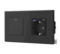 BSEED Schuko,Prese Interruttore e presa con 20W USB e Tipo C,Presa tedesca di carica rapida,Pannello in vetro,3 IN 1,Facile installazione, 1 Gang 2 Way-PD Schuko,Nero
