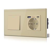 BSEED Schuko,Prese Interruttore e presa con 20W USB e Tipo C,Presa tedesca di carica rapida,Pannello in vetro,3 IN 1,Facile installazione, 1 Gang 1 Way-PD Schuko,Gold