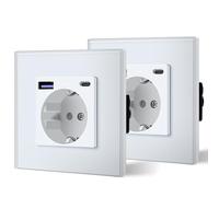 BSEED Set di 2 prese con caricabatterie USB rapido e tipo C da 20 W in vetro 3 in 1 - Presa a muro da incasso - Potenza di carica - Bianco