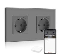 BSEED Smart ZigBee Presa, Presa ZigBee commutabile Alexa, funziona con Amazon Alexa e Google Home, Presa da parete intelligente 2 vani con pannello in vetro grigio (Tuya ZigBee Hub richiesto)