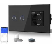 BSEEDInterruttore della luce WLAN (neutro richiesto), WiFi a 2 vie, con presa non WiFi, USB C in vetro, intelligente compatibile con Alexa/Tuya/Google Home/SAMRT LIFE, nero