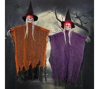 Bseical 2 Pezzi Fantasma da Appendere, 90 * 60 cm Strega Halloween, Scheletro Incandescenza con Voce, Decorazioni Horror, Fantasmi Appeso per Esterno Giardino