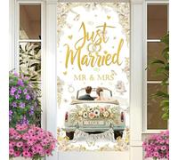 BSITSSS Striscioni per matrimoni Sfondo Dietro la Porta con "Just Married" | Sfondo Dietro la Porta per Porta, per Ricevimenti, Feste di Fidanzamento, Decorazione per Luna di Miele, Casa