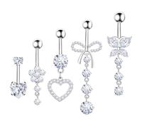 BSJ4U Piercing per ombelico con ciondolo a forma di cuore rosa con zirconia cubica a forma di cuore, farfalla e fiore, per ombelico, da donna, 14 G, in acciaio inossidabile argentato, delicato e