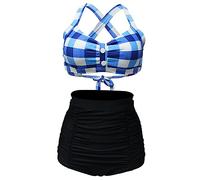 Bslingerie® Costume da bagno bikini a vita alta retrò da donna, 2 pezzi, Blu a scacchi., S