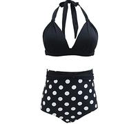 Bslingerie® Costume da bagno bikini a vita alta retrò Halter da donna, set da 2 pezzi, A pois., L