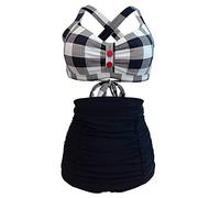 Bslingerie® Costume da bagno bikini a vita alta retrò Halter da donna, set da 2 pezzi, Nero a scacchi., M