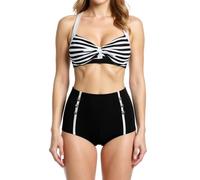 Bslingerie® Costume da bagno bikini da donna retrò vintage push-up a vita alta taglie forti, Strisce - Nero, XL