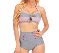 Bslingerie® - Costume da Bagno da Donna, Stile Retrò, 2 Pezzi, a Vita alta Damier - Damier M