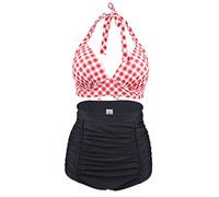 Bslingerie® - Costume da Bagno da Donna, Stile Retrò, 2 Pezzi, a Vita alta Damier Rouge M