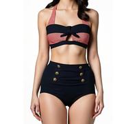 Bslingerie® - Costume da Bagno da Donna, Stile Retrò, 2 Pezzi, a Vita alta Rosso a strisce M