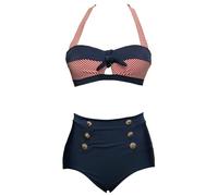 Bslingerie® - Costume da Bagno da Donna, Stile Retrò, 2 Pezzi, a Vita alta Rosso a strisce S