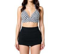 Bslingerie® - Costume da Bagno da Donna, Stile Retrò, 2 Pezzi, a Vita alta Scacchiera S