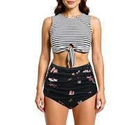 Bslingerie Costume da bagno da donna vintage anni '50, tankini a vita alta, a righe, 2 pezzi, A strisce., XXL