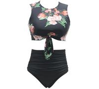 Bslingerie Costume da bagno da donna vintage anni '50, tankini a vita alta, a righe, 2 pezzi, Floreale, L