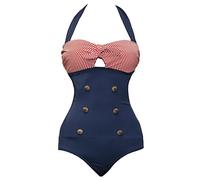 Bslingerie®, costume da bagno integrale stile retro vintage con coppa push-up Red Navy Blue Medium