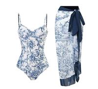 Bslingerie Costume da bagno intero da donna modesto monokini con pareo abbinato set da spiaggia copricostume da 2 pezzi, Motivo blu toile, L