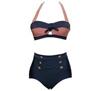 bslingerie® Women Retro Vintage Push Up High Waisted Bikini Swimsuit Plus Size (L, Red Striped Keyhole)