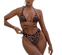 BSLVWG Bikini da Donna Set Triangolo Halter Lace-up Costume da Bagno Sexy Leopardo Cravatta Laterale Fondo Due Pezzi Costume da Bagno (IT, Testo, L, Regular, Regular, Marrone-2)