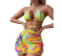 BSLVWG Costume da bagno da donna, 3 pezzi, Halter Bikini Top Sexy Bikini Triangolare Parte inferiore Costume da bagno da spiaggia, Giallo-02, L