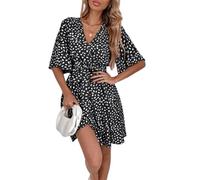 BSLVWG Maxi abito da donna con volant petalo a maniche corte, scollo a V, floreale, estivo, spiaggia, vacanze, abito lungo, Nero/1, M