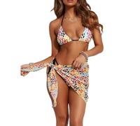 BSLVWG Set bikini da donna in 3 pezzi con gonna, reggiseno bikini con laccetti, slip bikini triangolo sexy, costume da bagno da spiaggia, costumi da bagno, L
