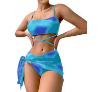BSLVWG Set bikini da donna in 3 pezzi con gonna, top bikini con laccetti al collo, slip bikini triangolo sexy, costume da bagno da spiaggia, abbigliamento da bagno, costumi da bagno, blu scuro, L plus