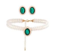 BSLVWG Set di collana di perle e orecchini con strass di cristallo verde, collana girocollo con perle finte francesi, orecchini a perno con perle, gioielli per donne, compleanni, matrimoni, regali di