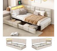 BSMGSGN Divano Letto Singolo 140x190 cm con LED, USB e 2 Cassetti, Letto Imbottito a L in Tessuto di Lino Beige, Letto con Contenitore Moderno e Funzionale per Camera da Letto, Senza Materasso