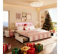 BSMGSGN Letto Matrimoniale con Contenitore 140x190 Bianco e Rosa a Quadri - Testata Imbottita in Velluto con Luci LED 7 Colori e USB, 4 Cassetti Capienti - Senza Materasso (Bianco+Rosa-K, 140x190 cm)