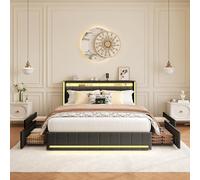 BSMGSGN Letto matrimoniale imbottito da 140 x 200 cm con 4 cassetti di stoccaggio e stazione di ricarica USB, illuminazione a LED, telaio per letto matrimoniale con rete e testiera (grigio scuro-A