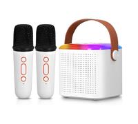 BSOMAM Mini karaoke, macchina per karaoke portatile Bluetooth con microfono wireless per bambini adulti, effetti vocali, luci a LED per regali di compleanno a casa (bianco 2 pezzi)