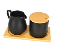 bssmmai Set di latte e zucchero con coperchio e cucchiaio, bricco per il latte in ceramica nera e zuccheriera con vassoio in legno, per il latte, lavabile in lavastoviglie e adatto al microonde