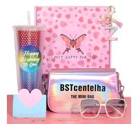 BSTcentelha Regali di compleanno personalizzati per ragazze età 8-18 | Bottiglia d'acqua glitter arcobaleno con paglia, occhiali da sole, portachiavi, borsa crossbody, scatola regalo a tema cuore, z