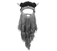 BSYLOO Funny Viking Hat with Beard for Men- Horned Helmet Beanie with Long Fake Beard - Barbarian Costume, Halloween Cosplay Gift, grigio., S-L